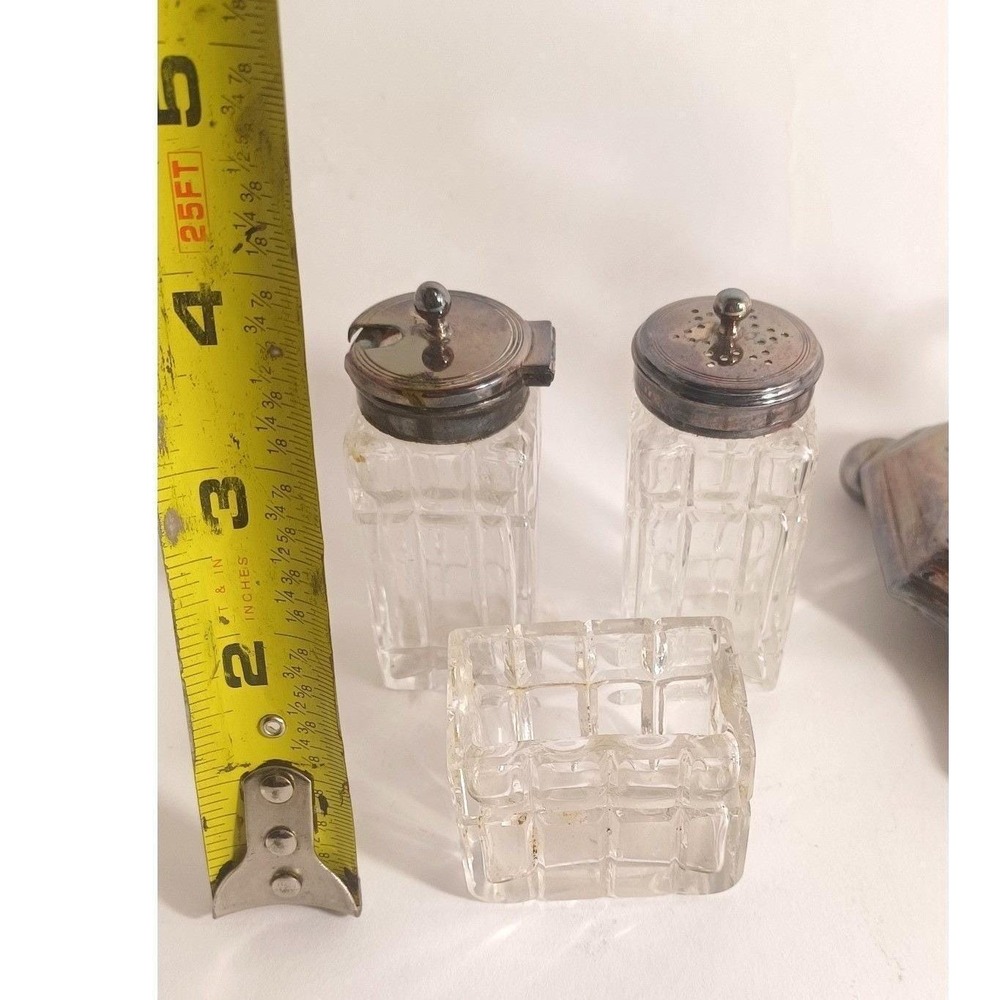 Vintage EPNS Silverplate 40s Cut Glass Condiment Set Salt Pepper Sugar Caddy - Picture 9 of 11